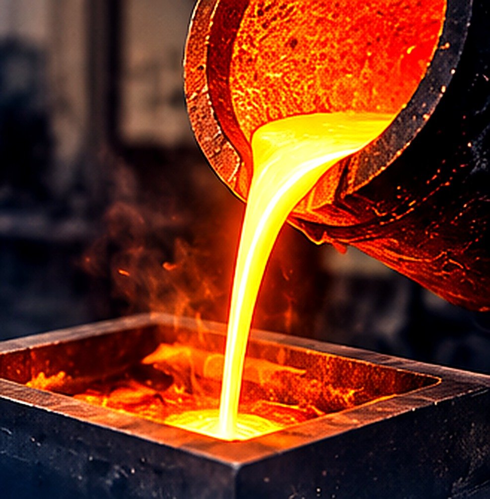 Molten metal being poured during jewelry casting at AHMAD ENGINEERING WORKS